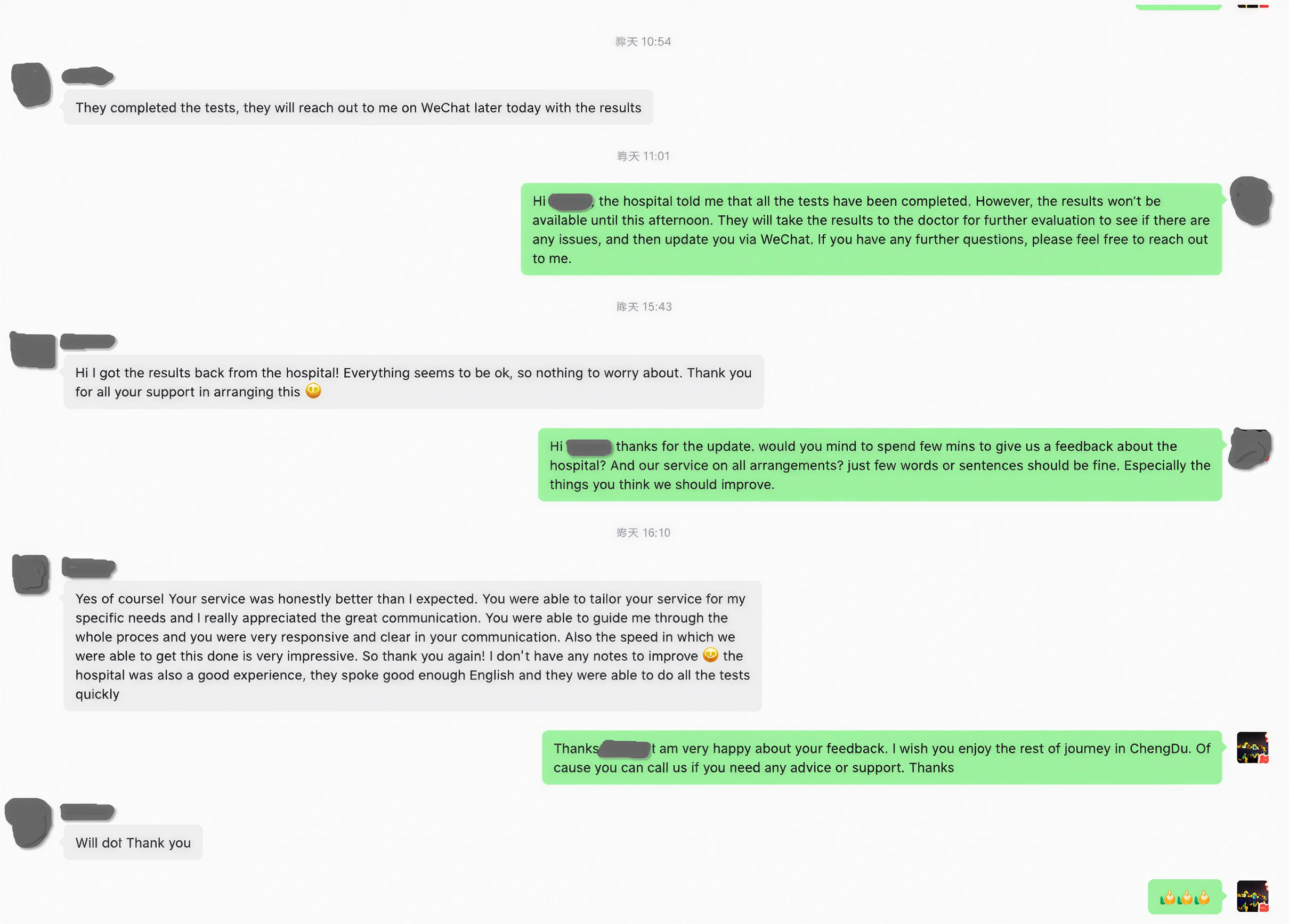 Redacted patient feedback about fast hospital coordination